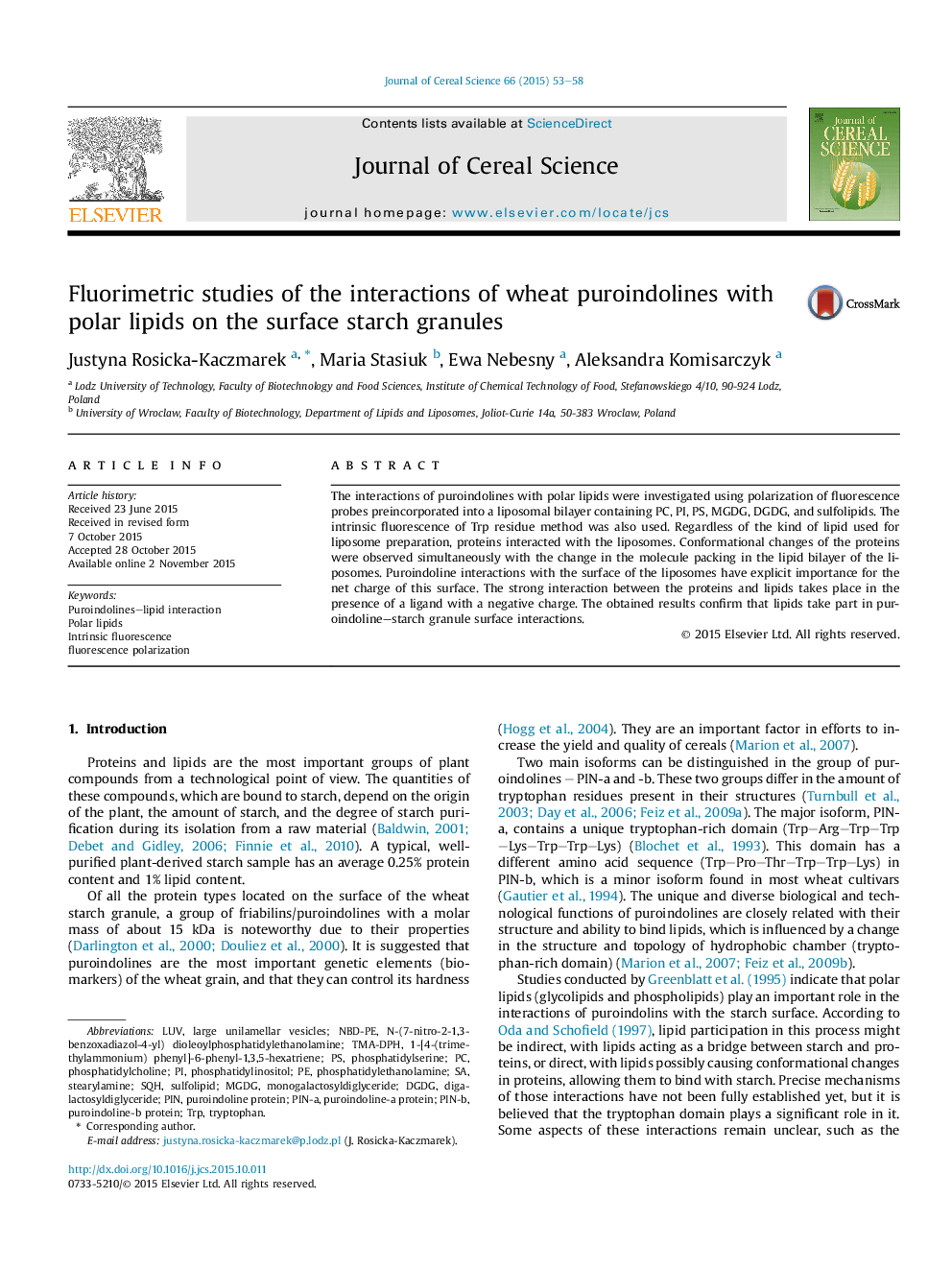 Fluorimetric studies of the interactions of wheat puroindolines with polar lipids on the surface starch granules