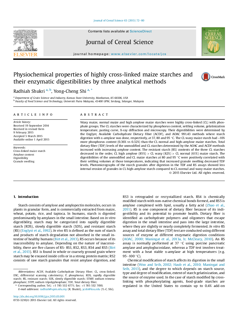 Physiochemical properties of highly cross-linked maize starches and their enzymatic digestibilities by three analytical methods