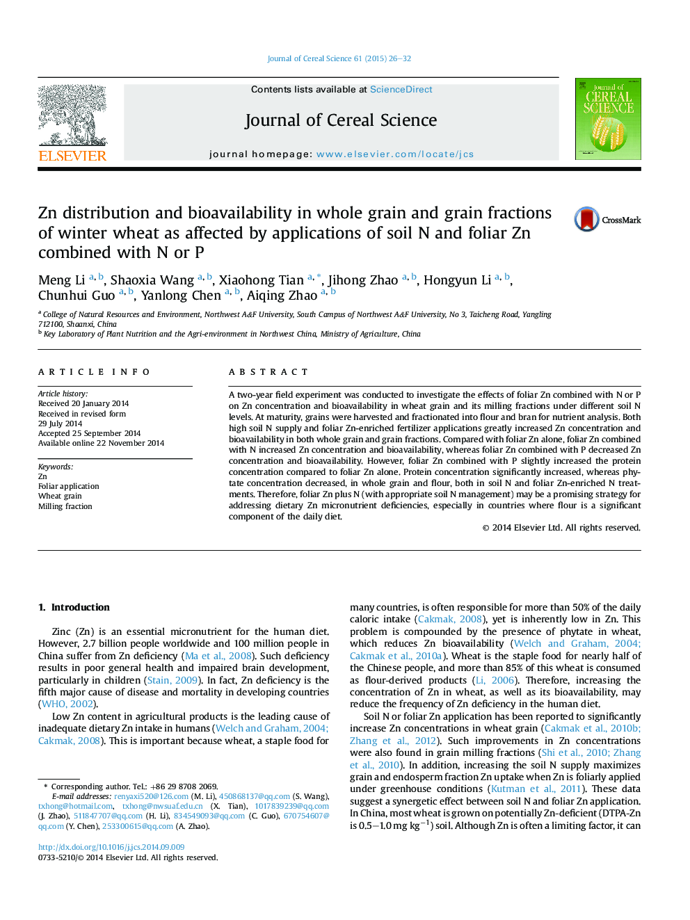 Zn distribution and bioavailability in whole grain and grain fractions of winter wheat as affected by applications of soil N and foliar Zn combined with N or P