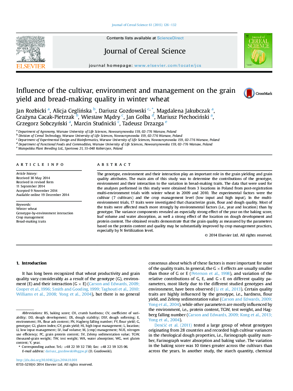Influence of the cultivar, environment and management on the grain yield and bread-making quality in winter wheat