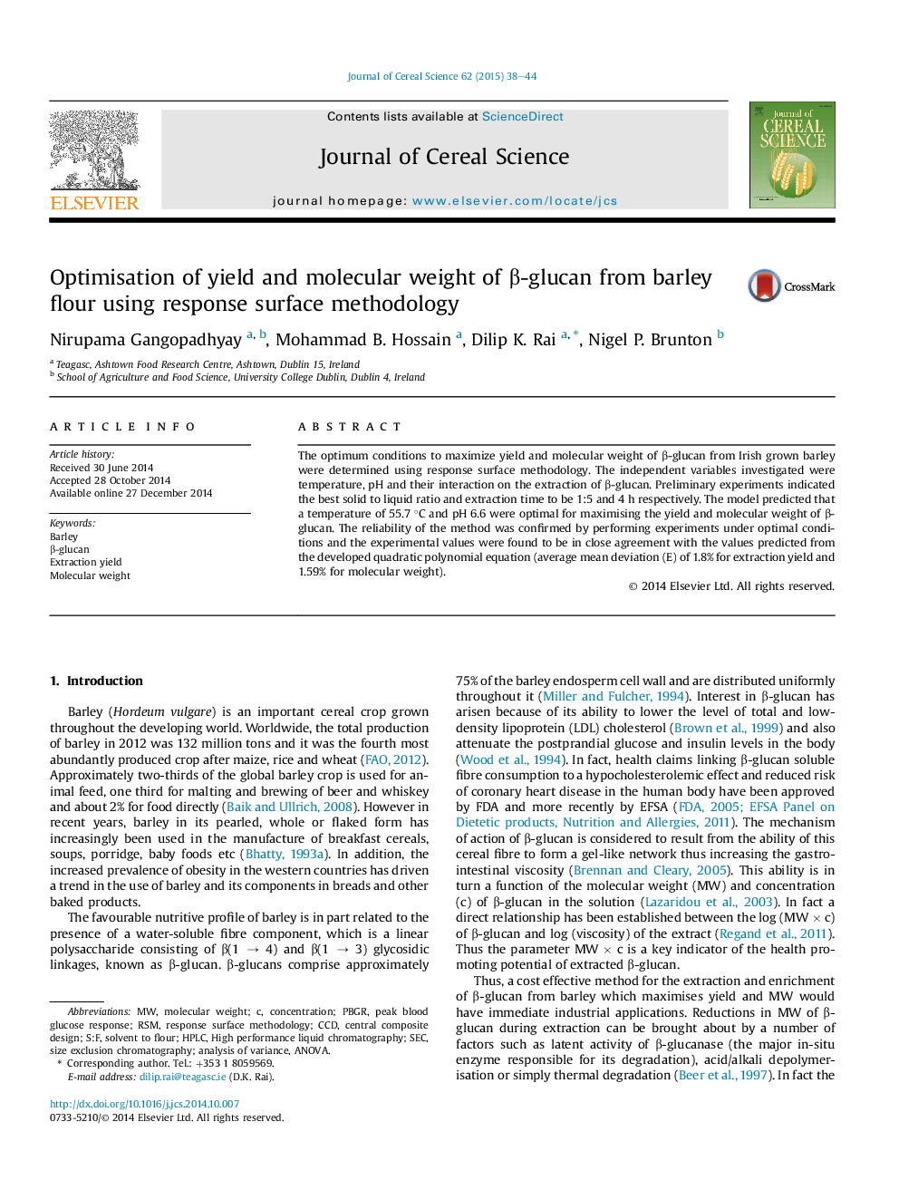 Optimisation of yield and molecular weight of β-glucan from barley flour using response surface methodology