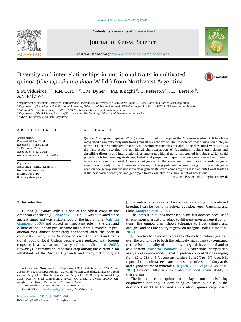 Diversity and interrelationships in nutritional traits in cultivated quinoa (Chenopodium quinoa Willd.) from Northwest Argentina