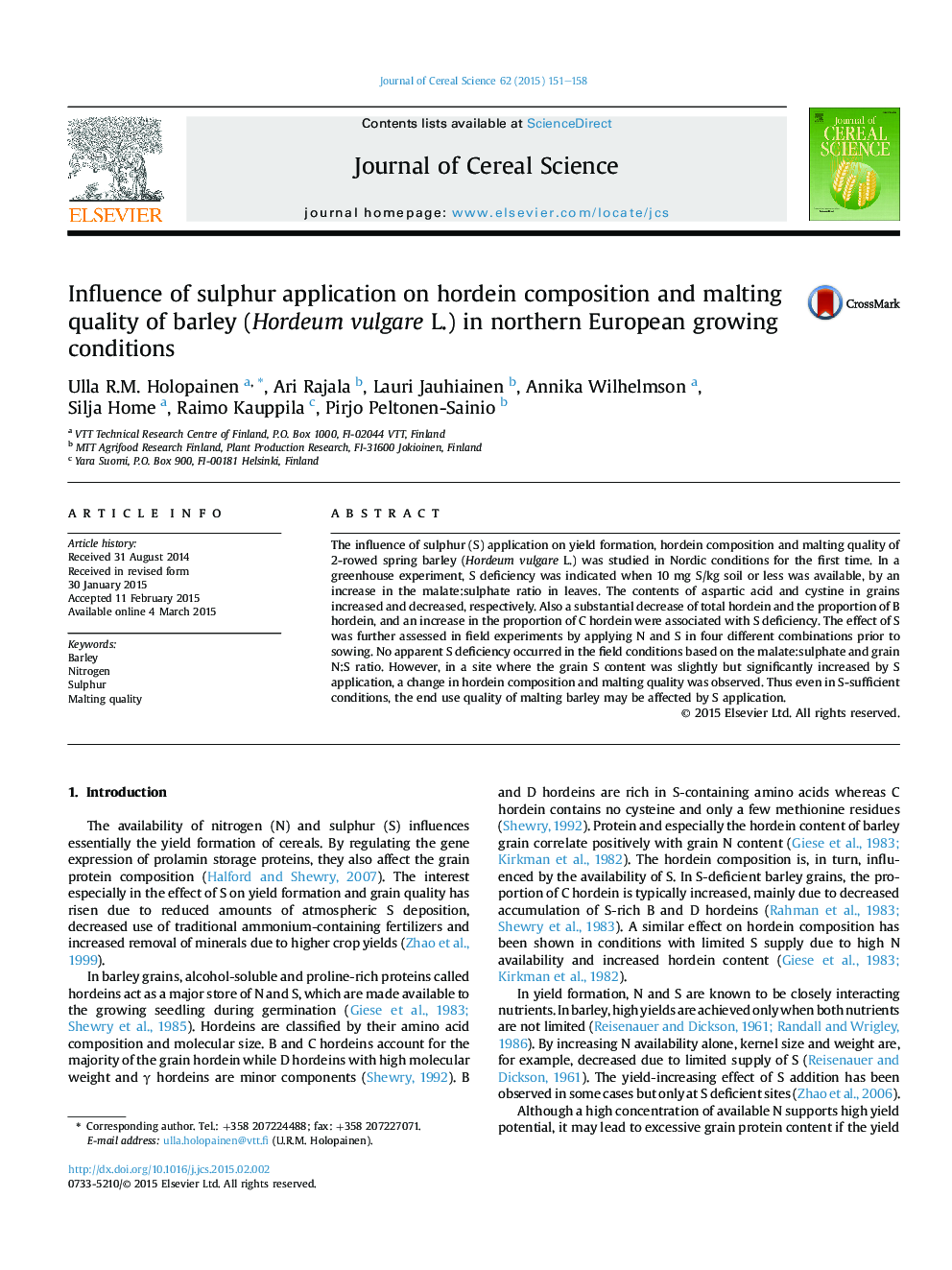 Influence of sulphur application on hordein composition and malting quality of barley (Hordeum vulgare L.) in northern European growing conditions