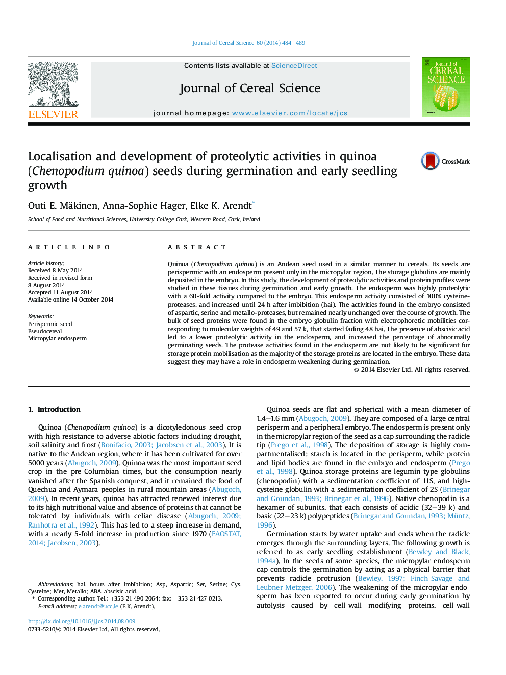 Localisation and development of proteolytic activities in quinoa (Chenopodium quinoa) seeds during germination and early seedling growth