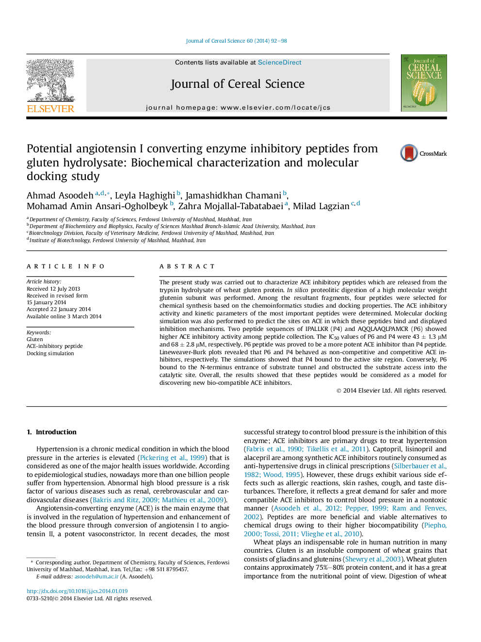 Potential angiotensin I converting enzyme inhibitory peptides from gluten hydrolysate: Biochemical characterization and molecular docking study