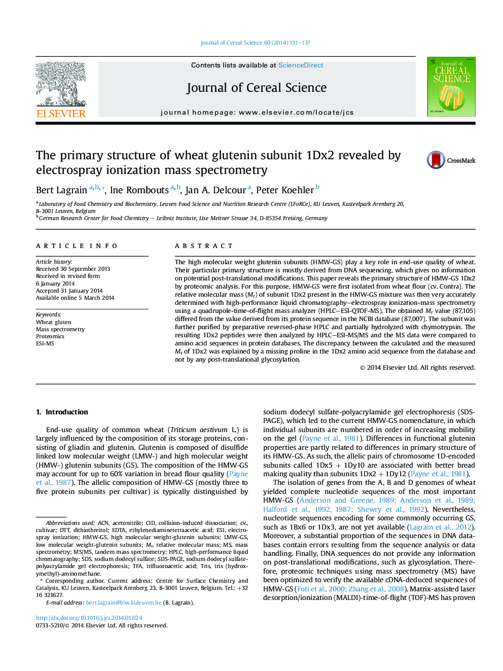 The primary structure of wheat glutenin subunit 1Dx2 revealed by electrospray ionization mass spectrometry