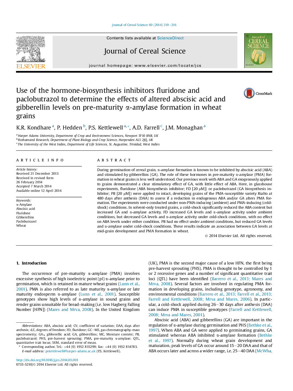 Use of the hormone-biosynthesis inhibitors fluridone and paclobutrazol to determine the effects of altered abscisic acid and gibberellin levels on pre-maturity α-amylase formation in wheat grains