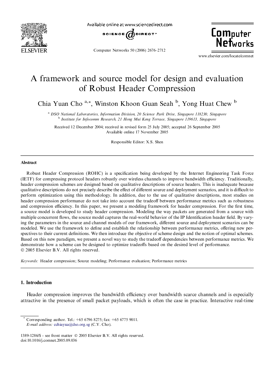 A framework and source model for design and evaluation of Robust Header Compression