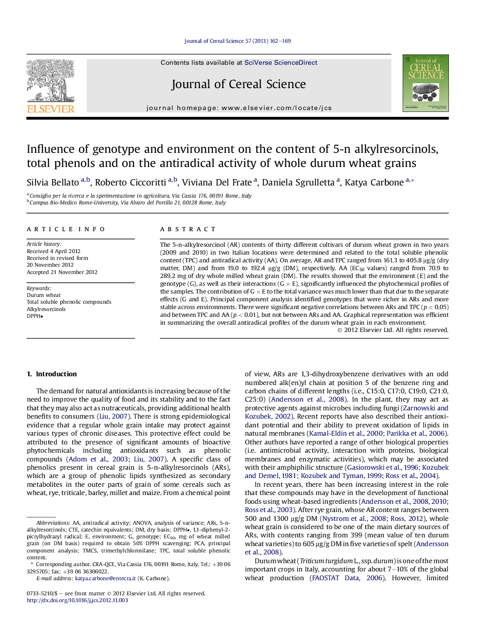 Influence of genotype and environment on the content of 5-n alkylresorcinols, total phenols and on the antiradical activity of whole durum wheat grains