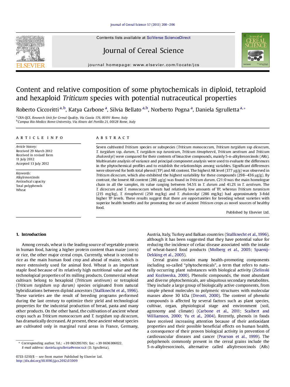 Content and relative composition of some phytochemicals in diploid, tetraploid and hexaploid Triticum species with potential nutraceutical properties