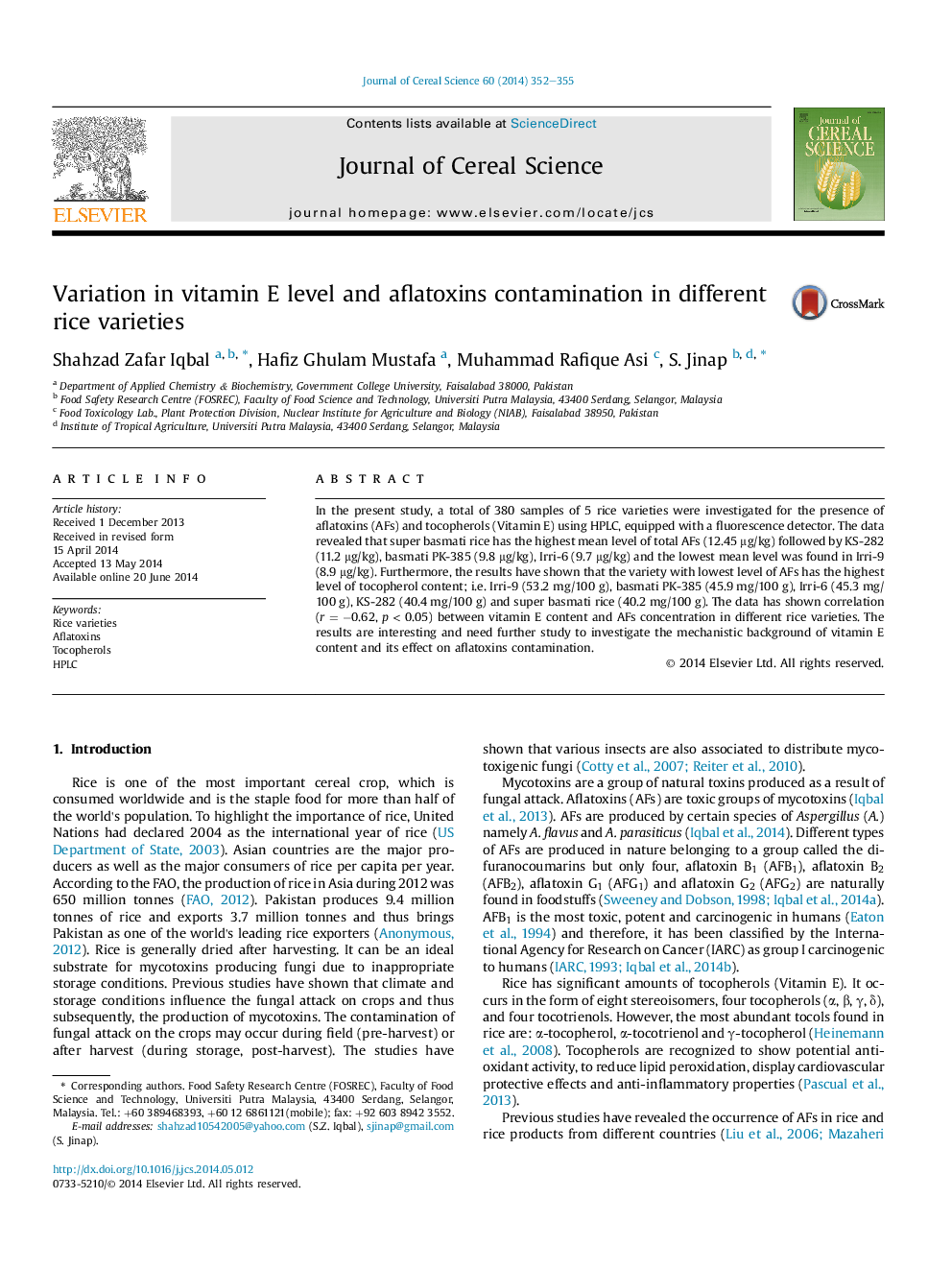 Variation in vitamin E level and aflatoxins contamination in different rice varieties