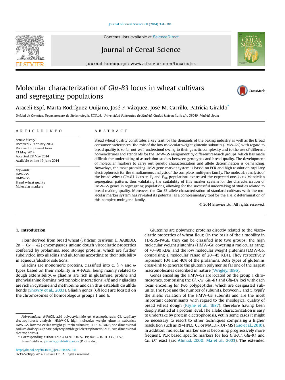 Molecular characterization of Glu-B3 locus in wheat cultivars and segregating populations