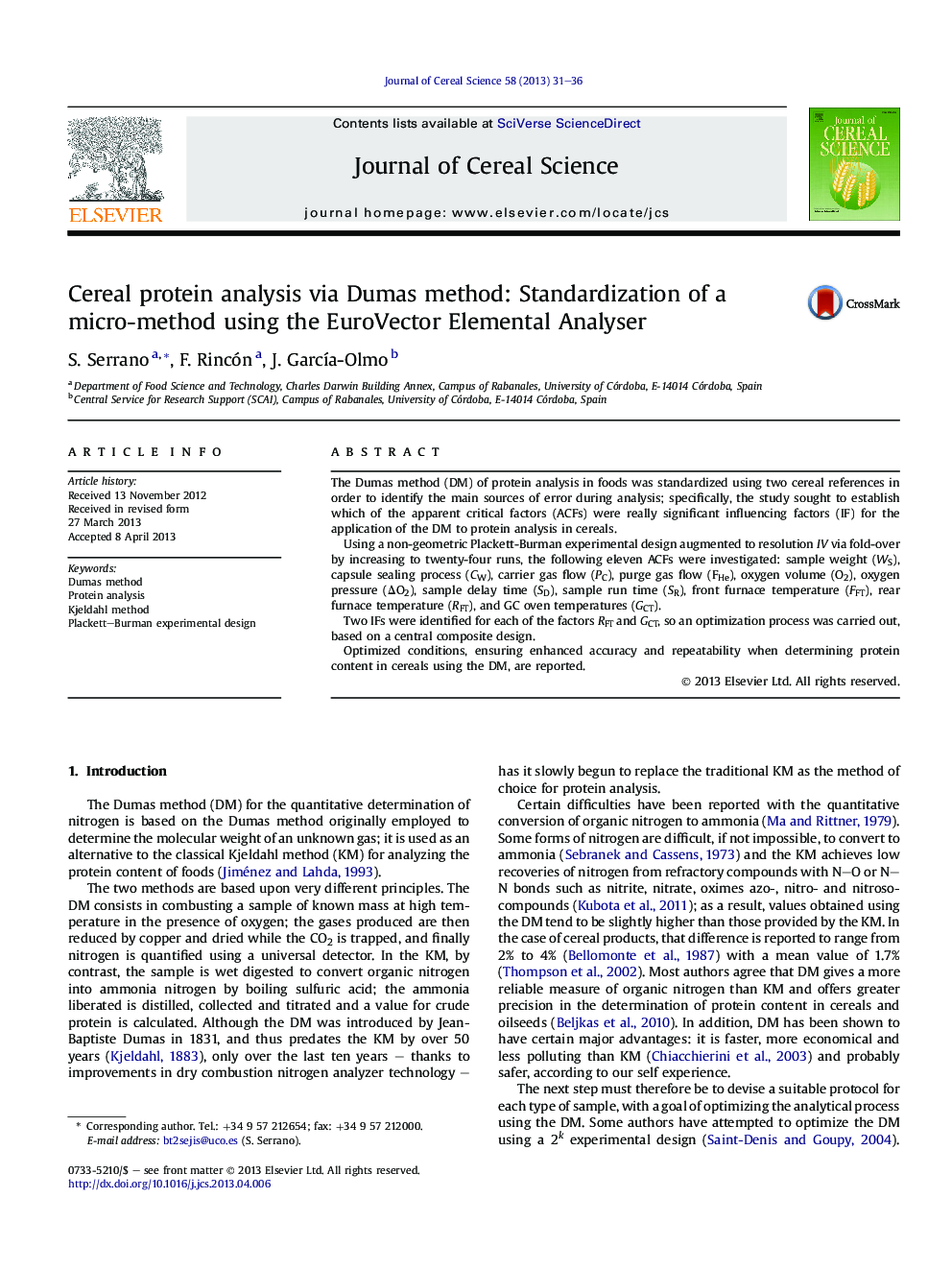 Cereal protein analysis via Dumas method: Standardization of a micro-method using the EuroVector Elemental Analyser