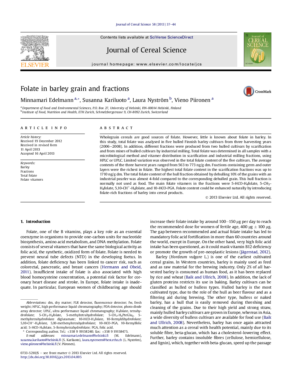 Folate in barley grain and fractions