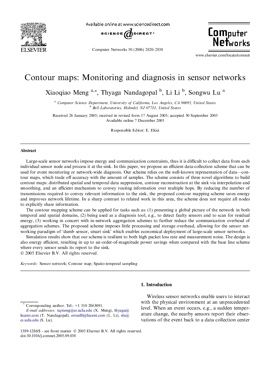 Contour maps: Monitoring and diagnosis in sensor networks