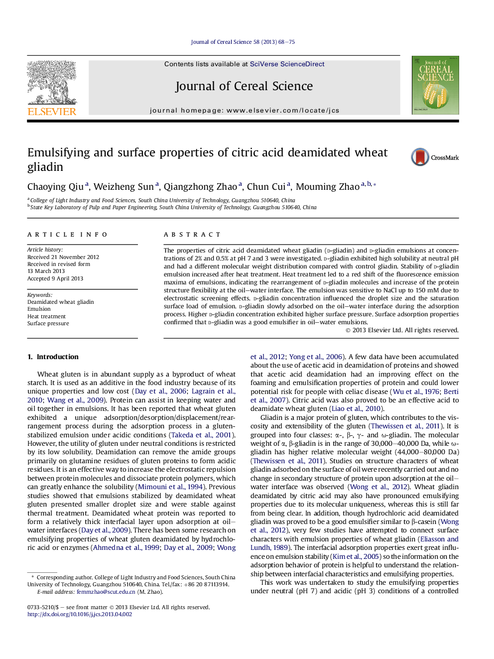 Emulsifying and surface properties of citric acid deamidated wheat gliadin