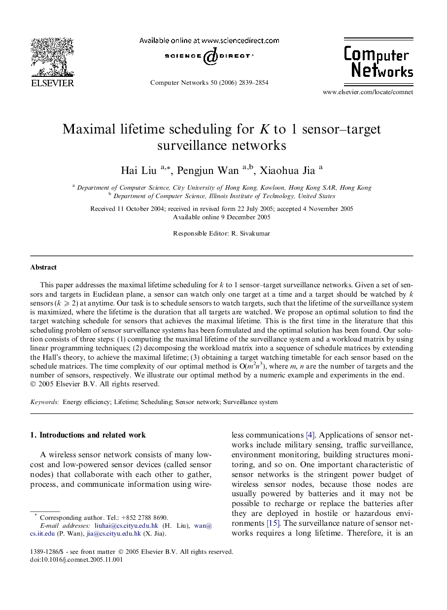 Maximal lifetime scheduling for K to 1 sensor–target surveillance networks