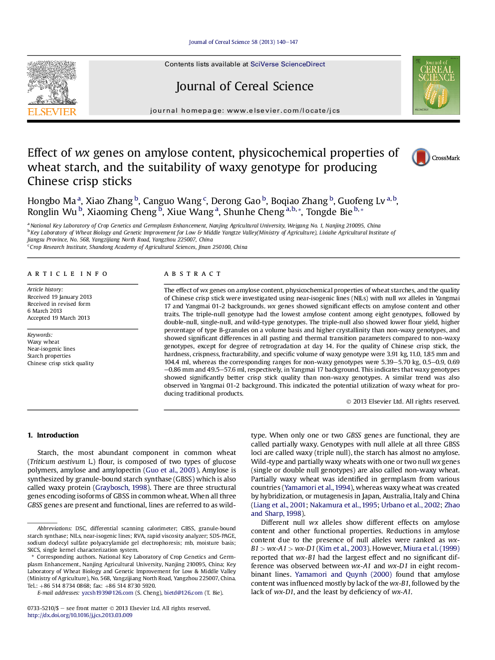 Effect of wx genes on amylose content, physicochemical properties of wheat starch, and the suitability of waxy genotype for producing Chinese crisp sticks