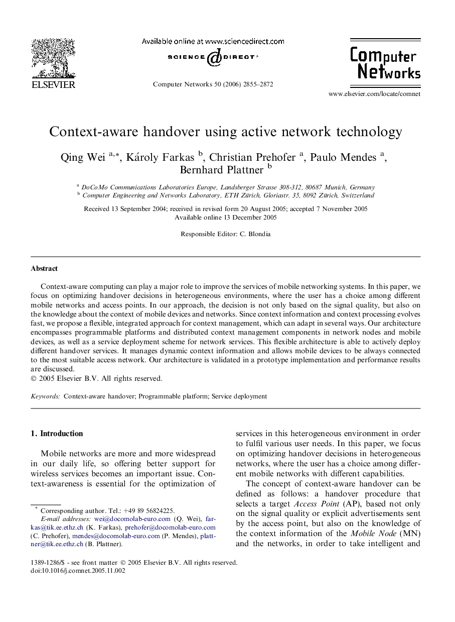 Context-aware handover using active network technology