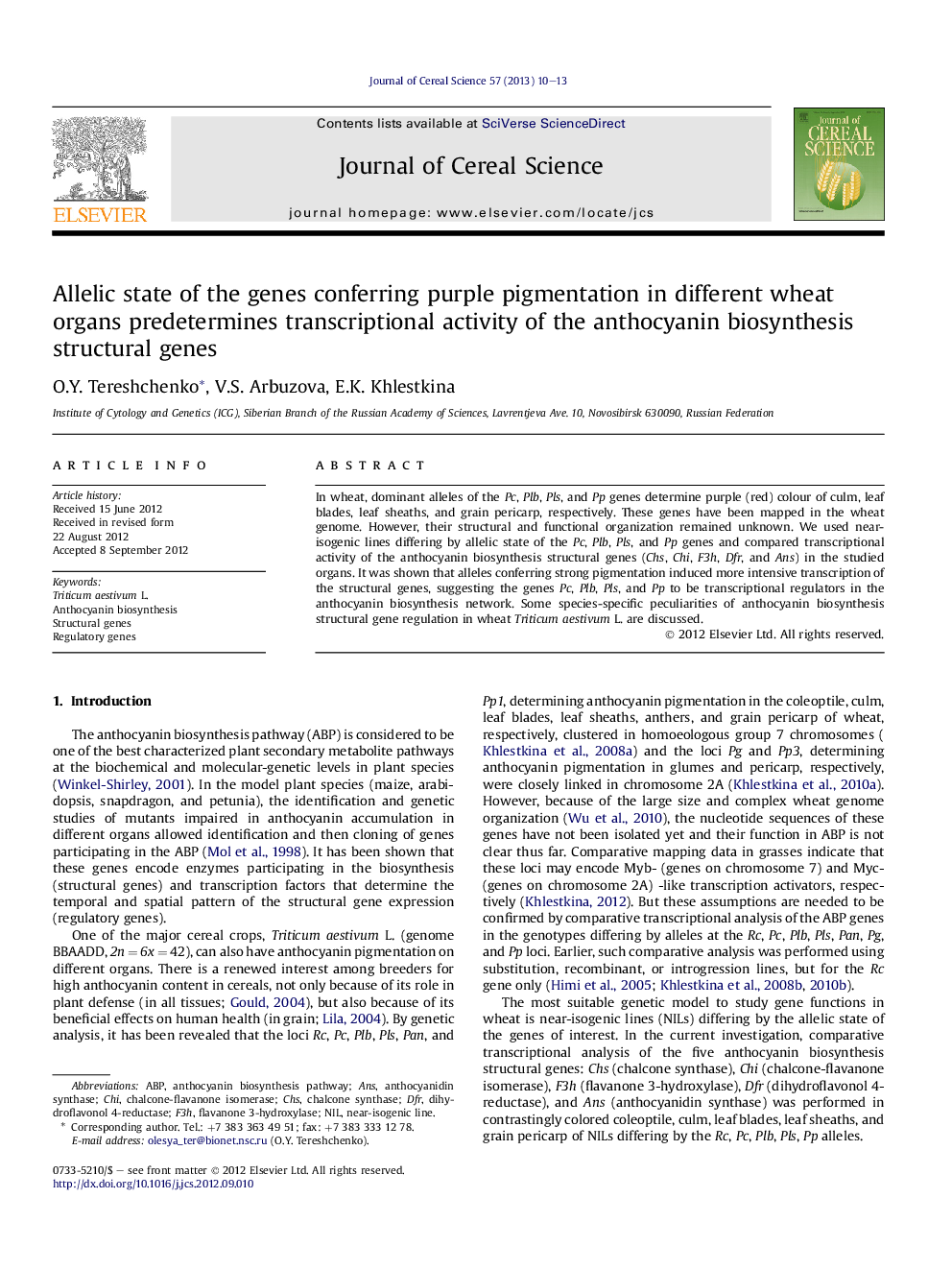 Allelic state of the genes conferring purple pigmentation in different wheat organs predetermines transcriptional activity of the anthocyanin biosynthesis structural genes