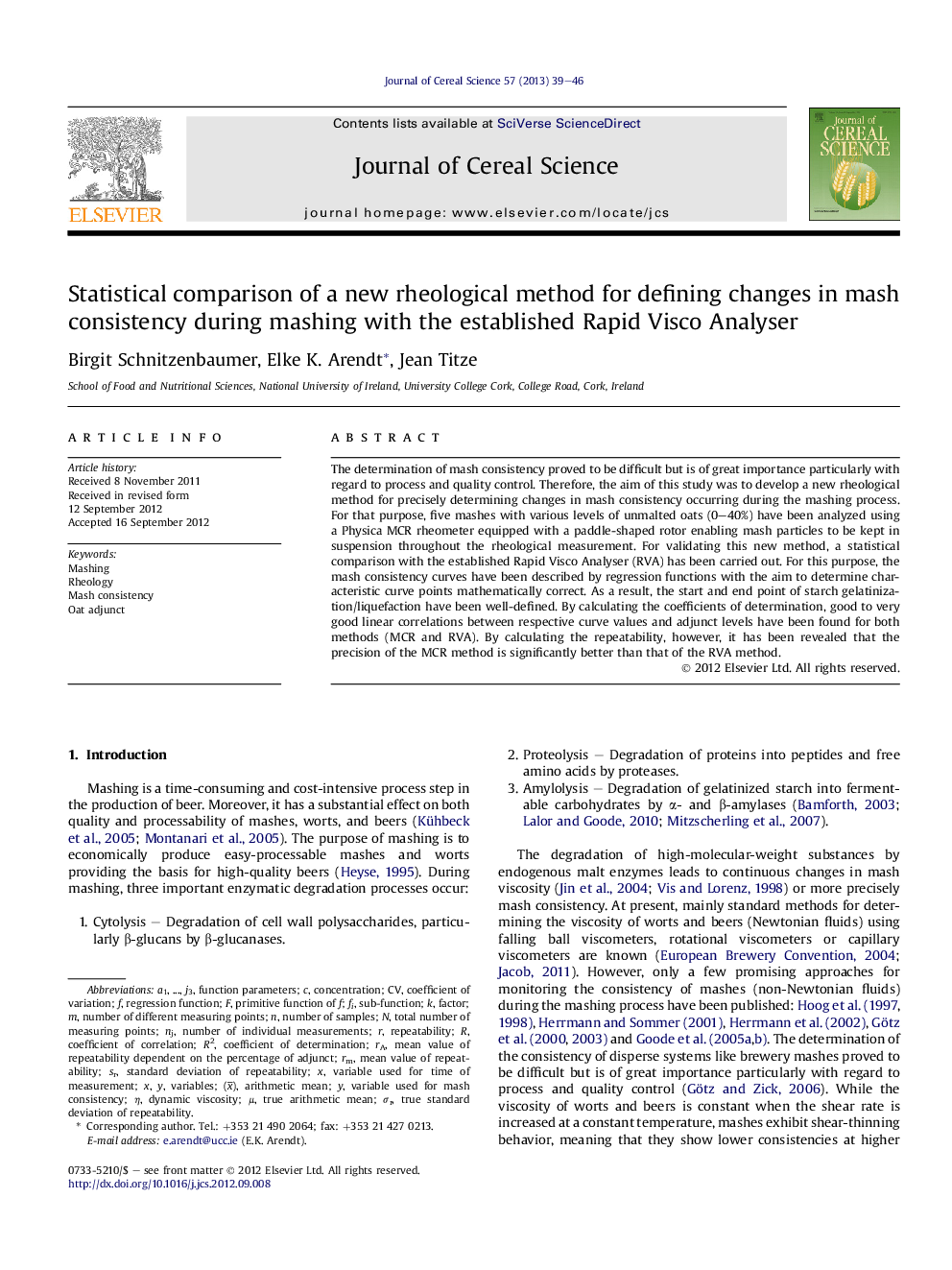 Statistical comparison of a new rheological method for defining changes in mash consistency during mashing with the established Rapid Visco Analyser