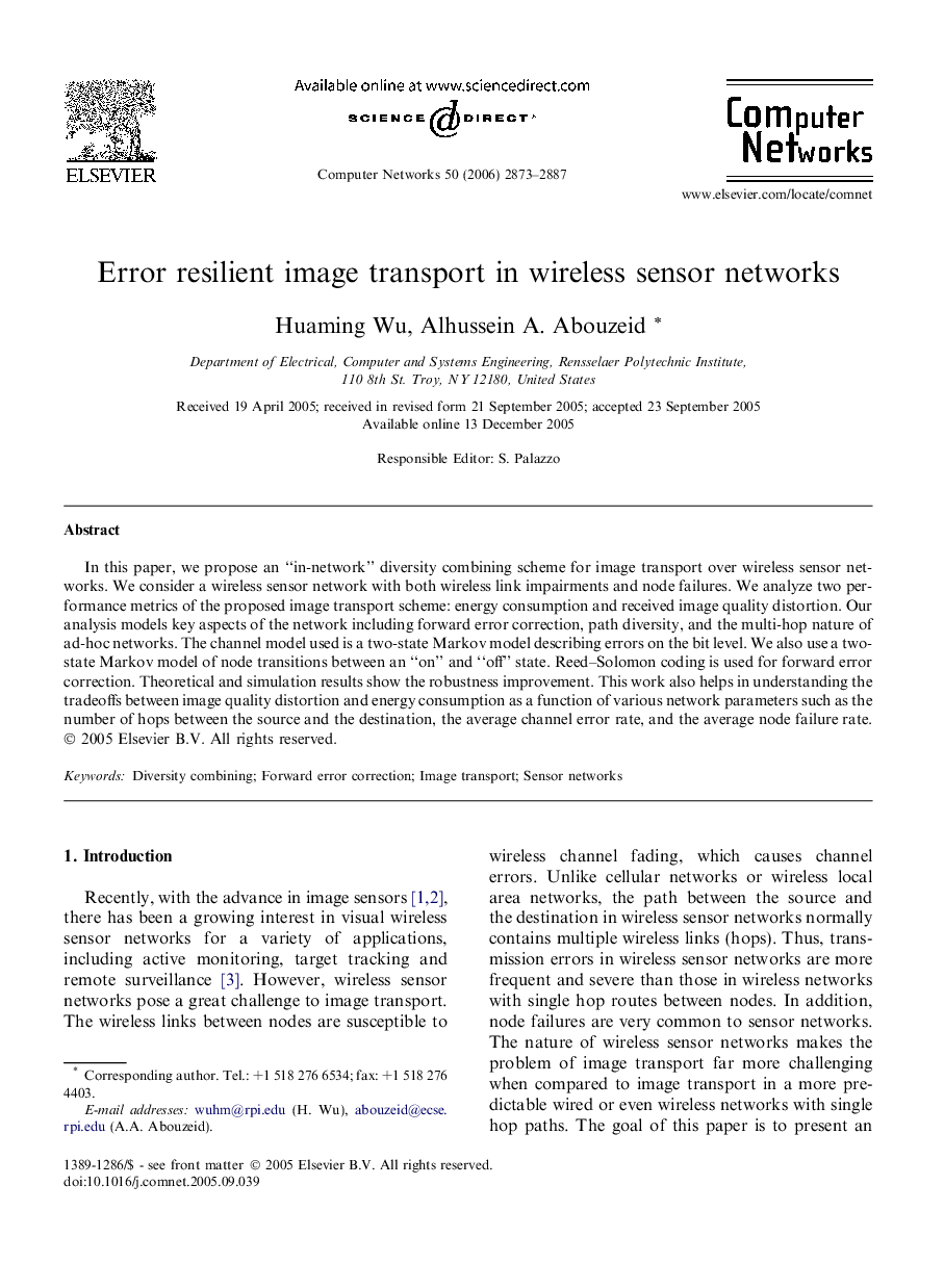 Error resilient image transport in wireless sensor networks