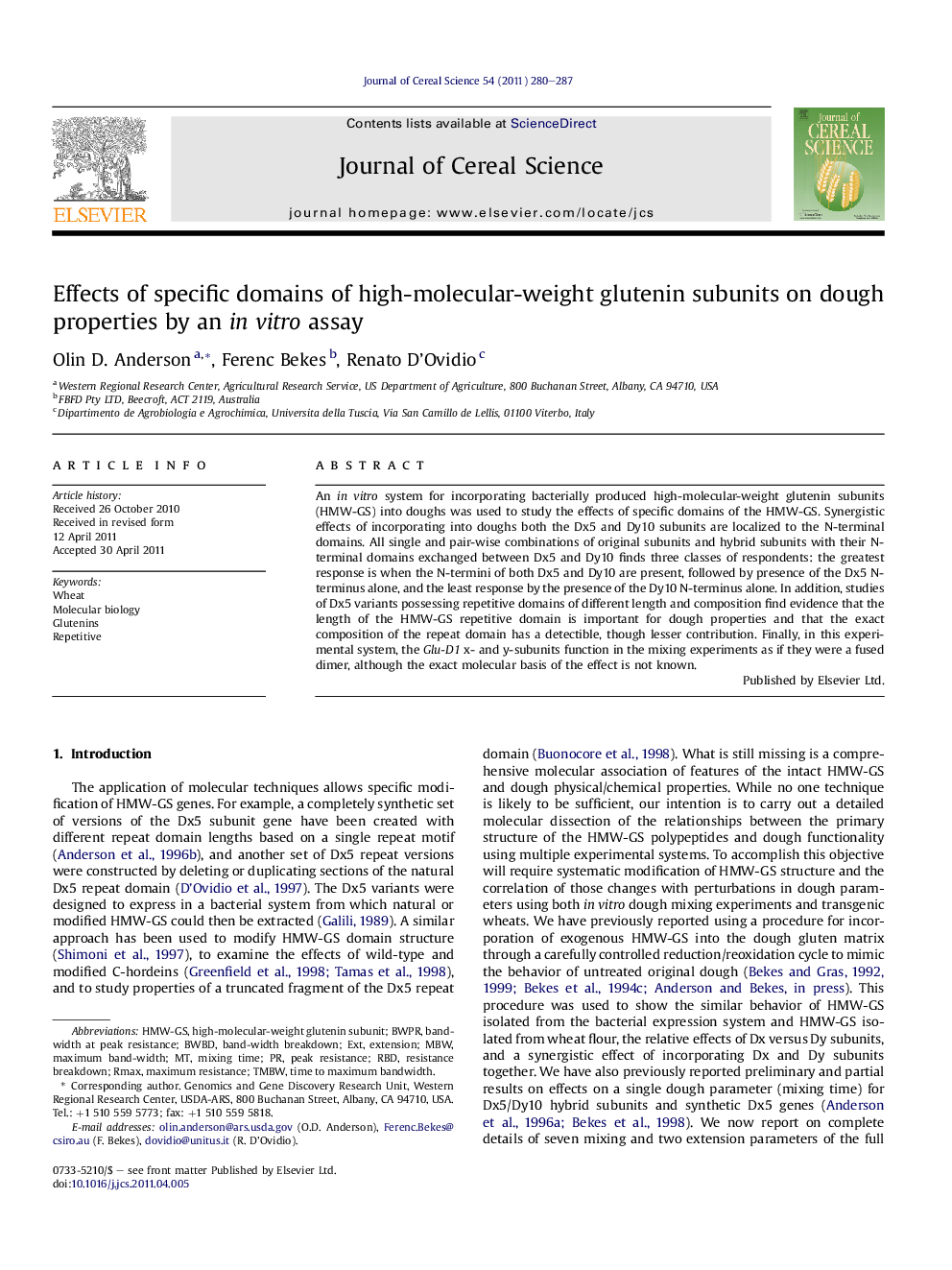 Effects of specific domains of high-molecular-weight glutenin subunits on dough properties by an inÂ vitro assay