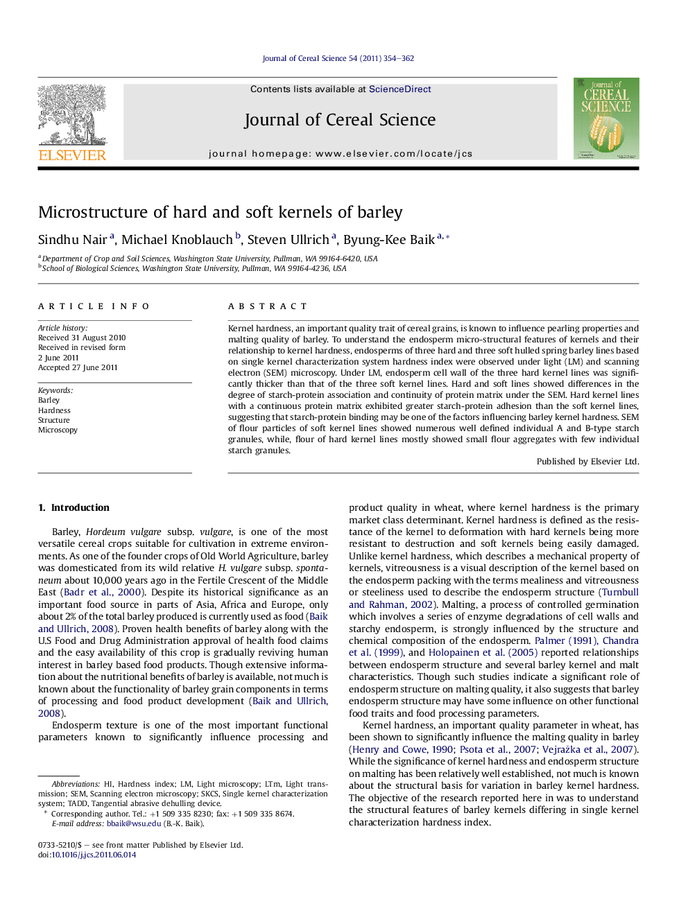 Microstructure of hard and soft kernels of barley