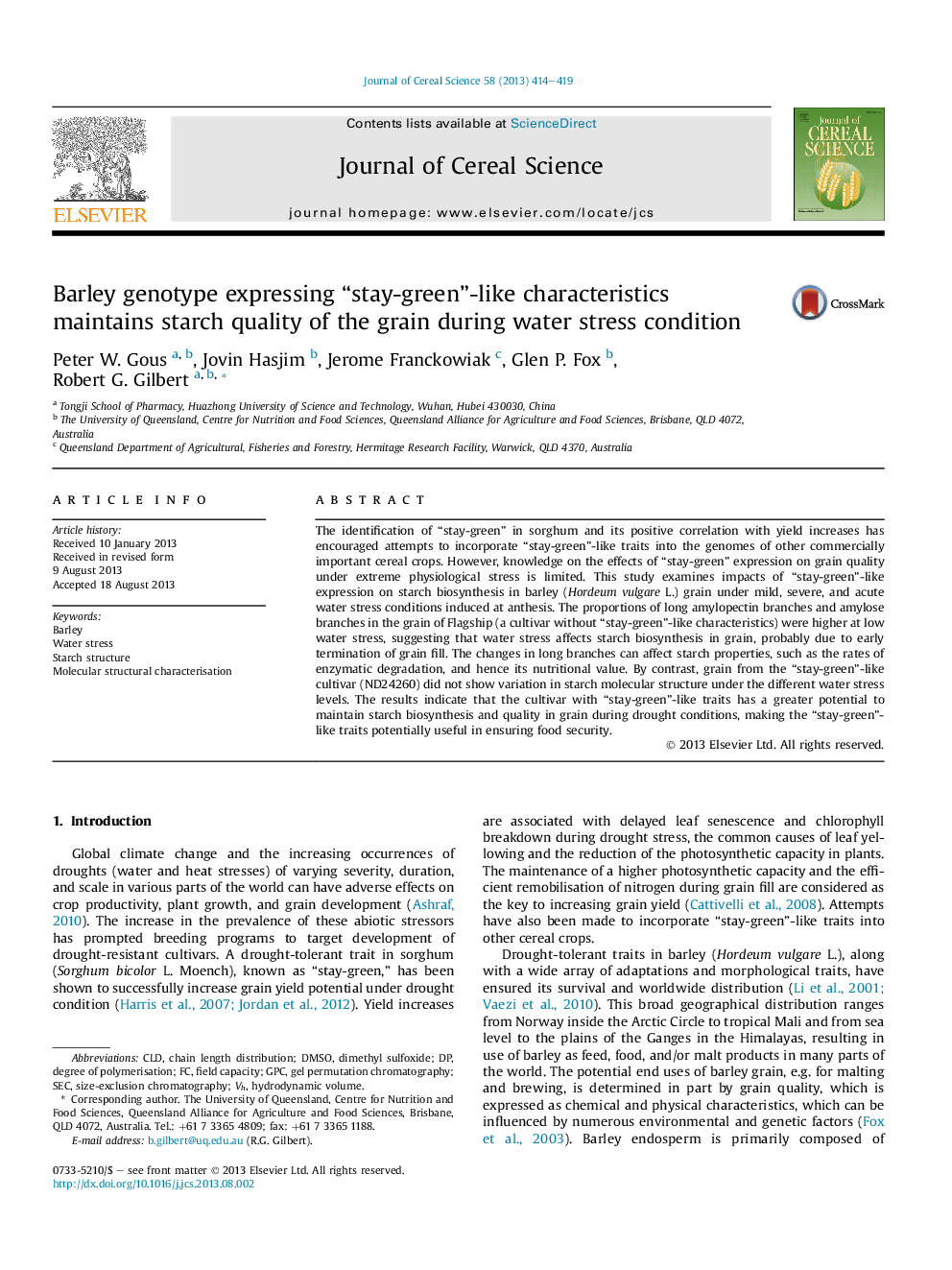 Barley genotype expressing “stay-green”-like characteristics maintains starch quality of the grain during water stress condition