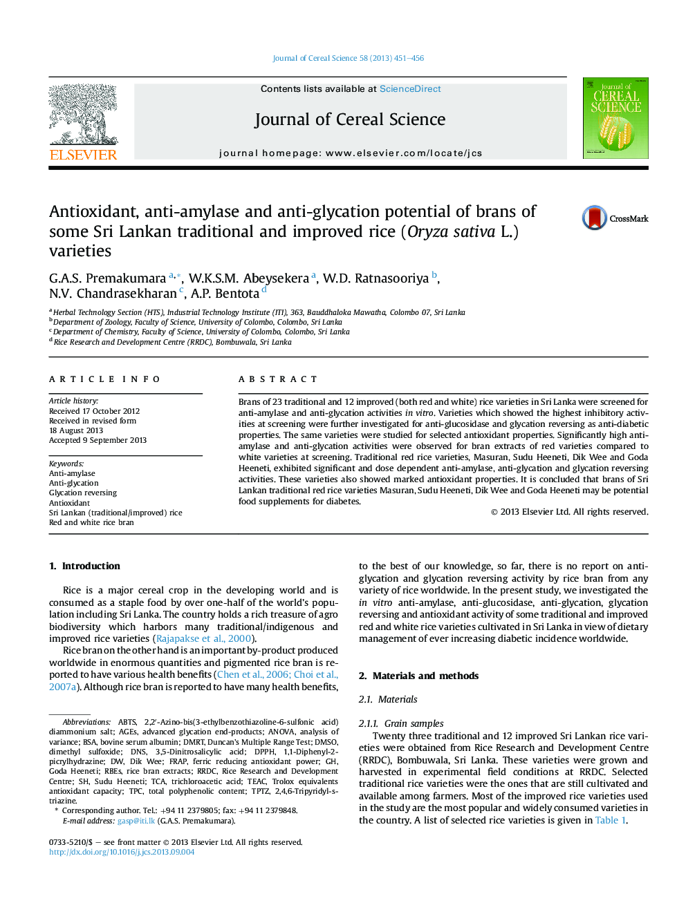 Antioxidant, anti-amylase and anti-glycation potential of brans of some Sri Lankan traditional and improved rice (Oryza sativa L.) varieties