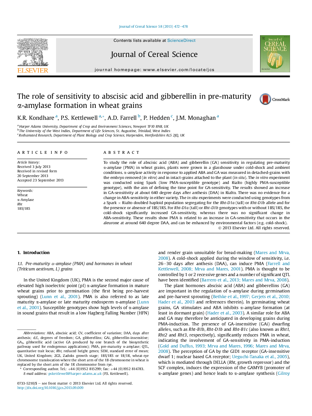 The role of sensitivity to abscisic acid and gibberellin in pre-maturity α-amylase formation in wheat grains