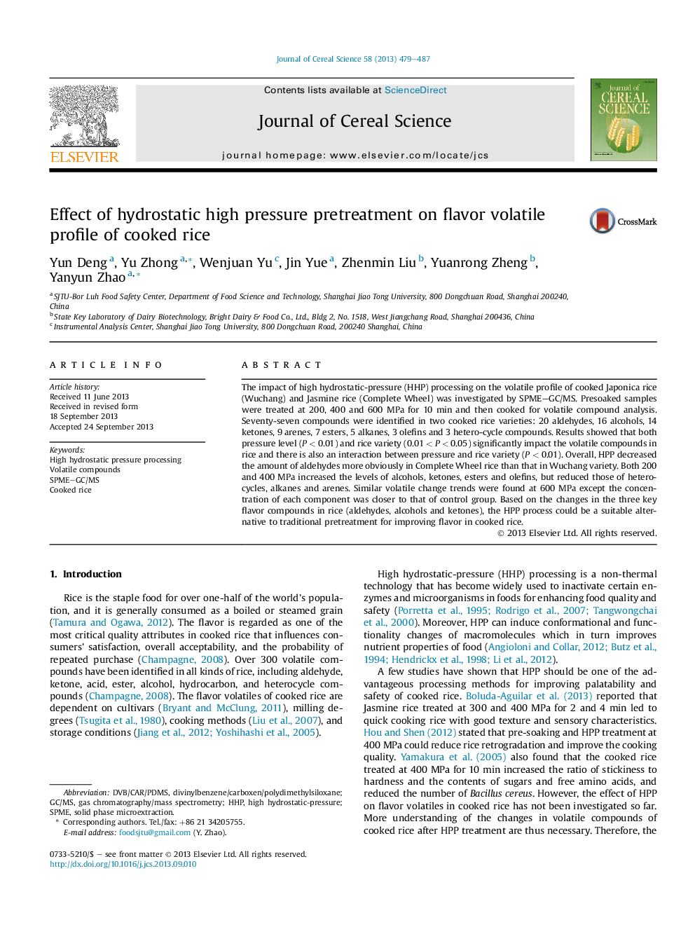 Effect of hydrostatic high pressure pretreatment on flavor volatile profile of cooked rice