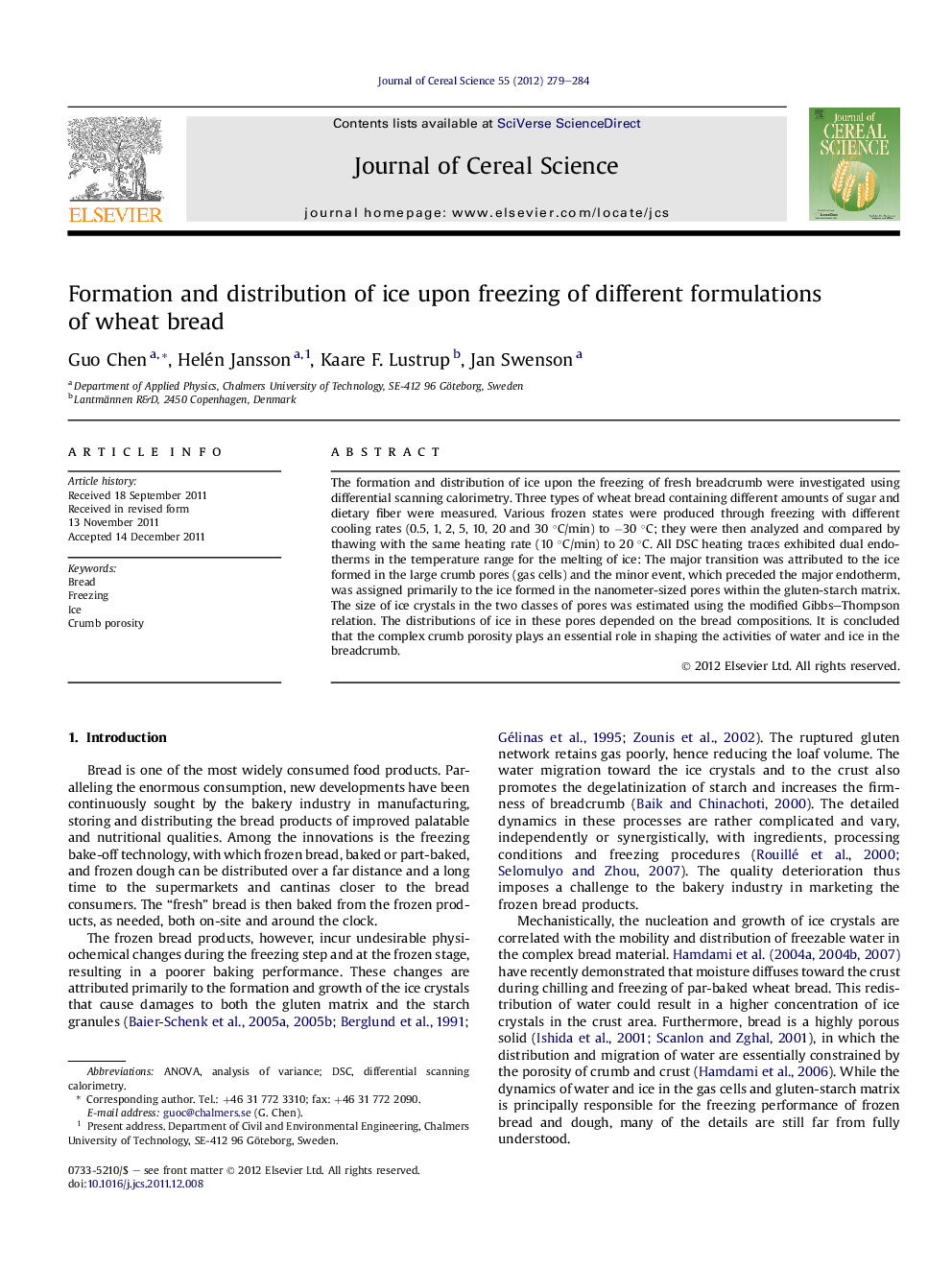 Formation and distribution of ice upon freezing of different formulations of wheat bread