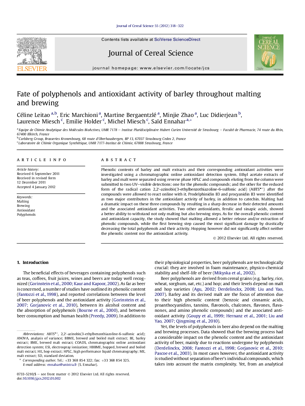 Fate of polyphenols and antioxidant activity of barley throughout malting and brewing