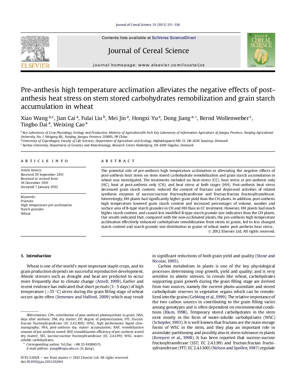 Pre-anthesis high temperature acclimation alleviates the negative effects of post-anthesis heat stress on stem stored carbohydrates remobilization and grain starch accumulation in wheat