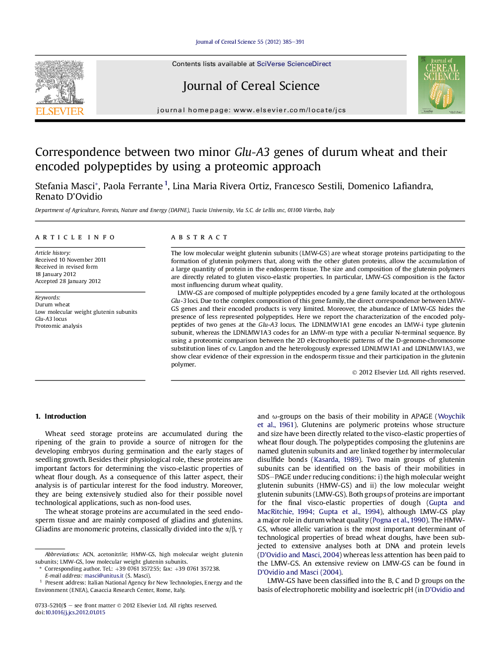 Correspondence between two minor Glu-A3 genes of durum wheat and their encoded polypeptides by using a proteomic approach