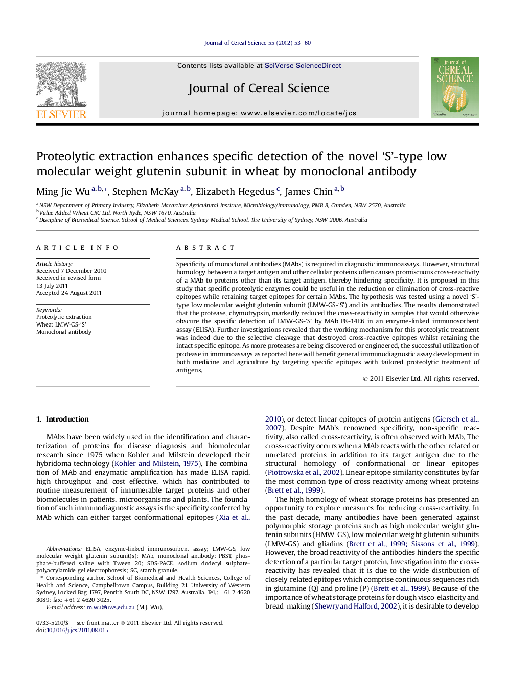 Proteolytic extraction enhances specific detection of the novel 'S'-type low molecular weight glutenin subunit in wheat by monoclonal antibody