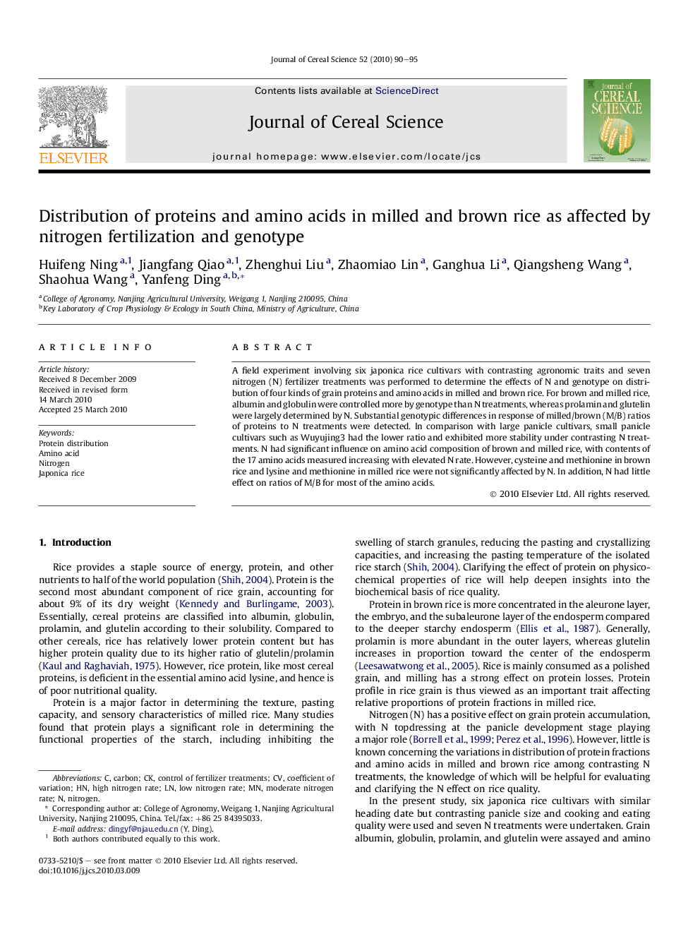 Distribution of proteins and amino acids in milled and brown rice as affected by nitrogen fertilization and genotype