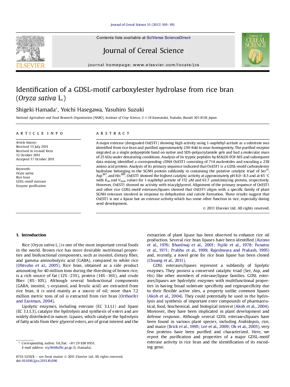 Identification of a GDSL-motif carboxylester hydrolase from rice bran (Oryza sativa L.)