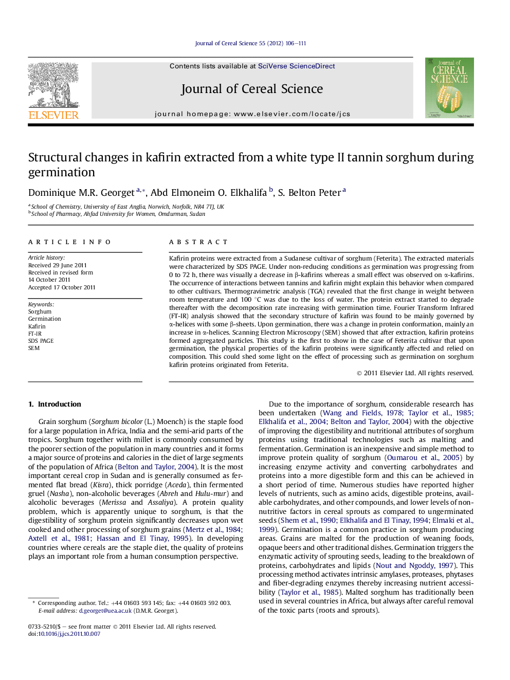 Structural changes in kafirin extracted from a white type II tannin sorghum during germination