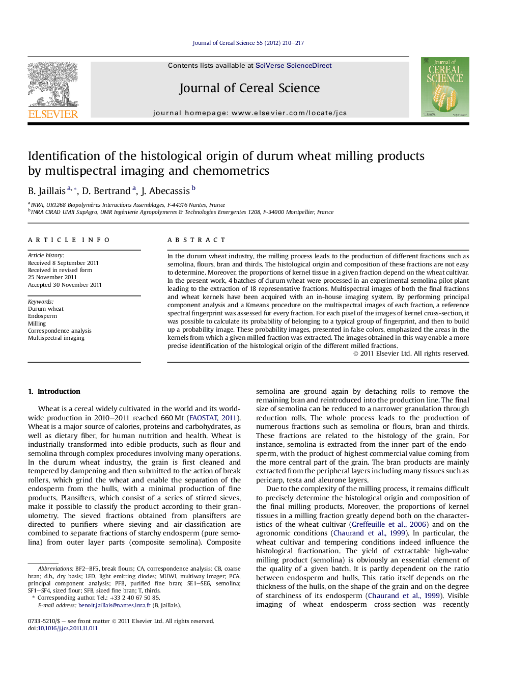 Identification of the histological origin of durum wheat milling products by multispectral imaging and chemometrics