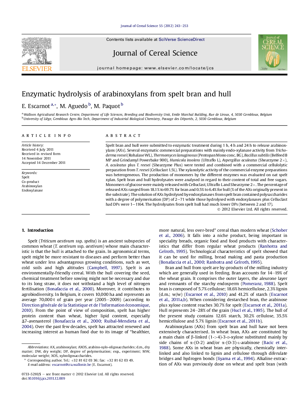 Enzymatic hydrolysis of arabinoxylans from spelt bran and hull