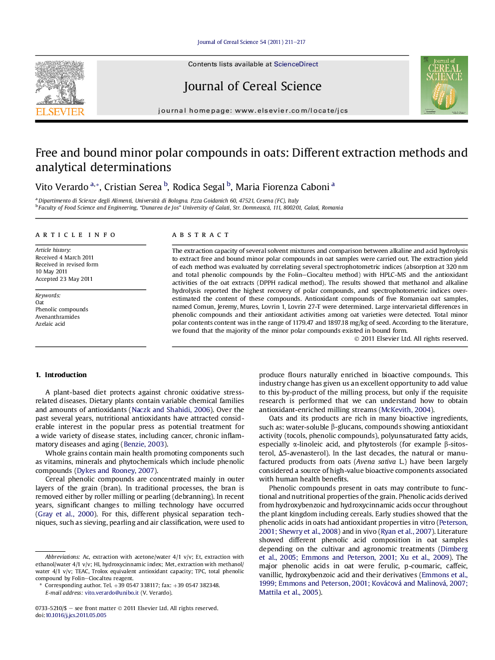 Free and bound minor polar compounds in oats: Different extraction methods and analytical determinations