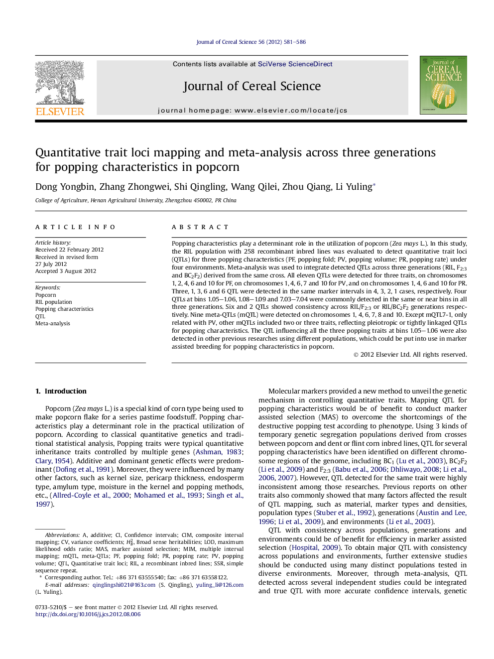 Quantitative trait loci mapping and meta-analysis across three generations for popping characteristics in popcorn