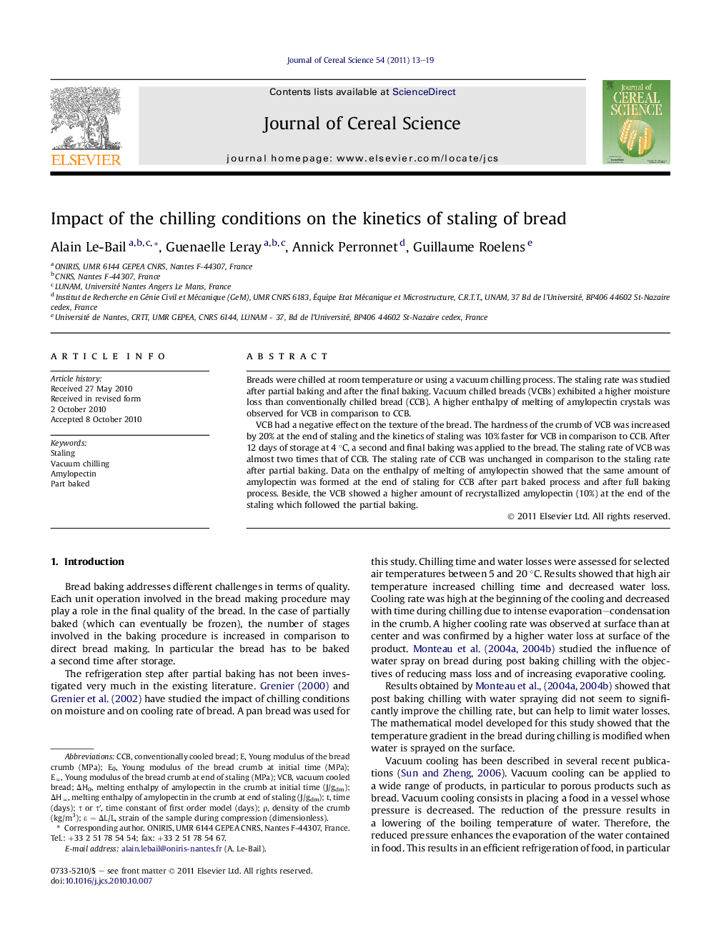 Impact of the chilling conditions on the kinetics of staling of bread