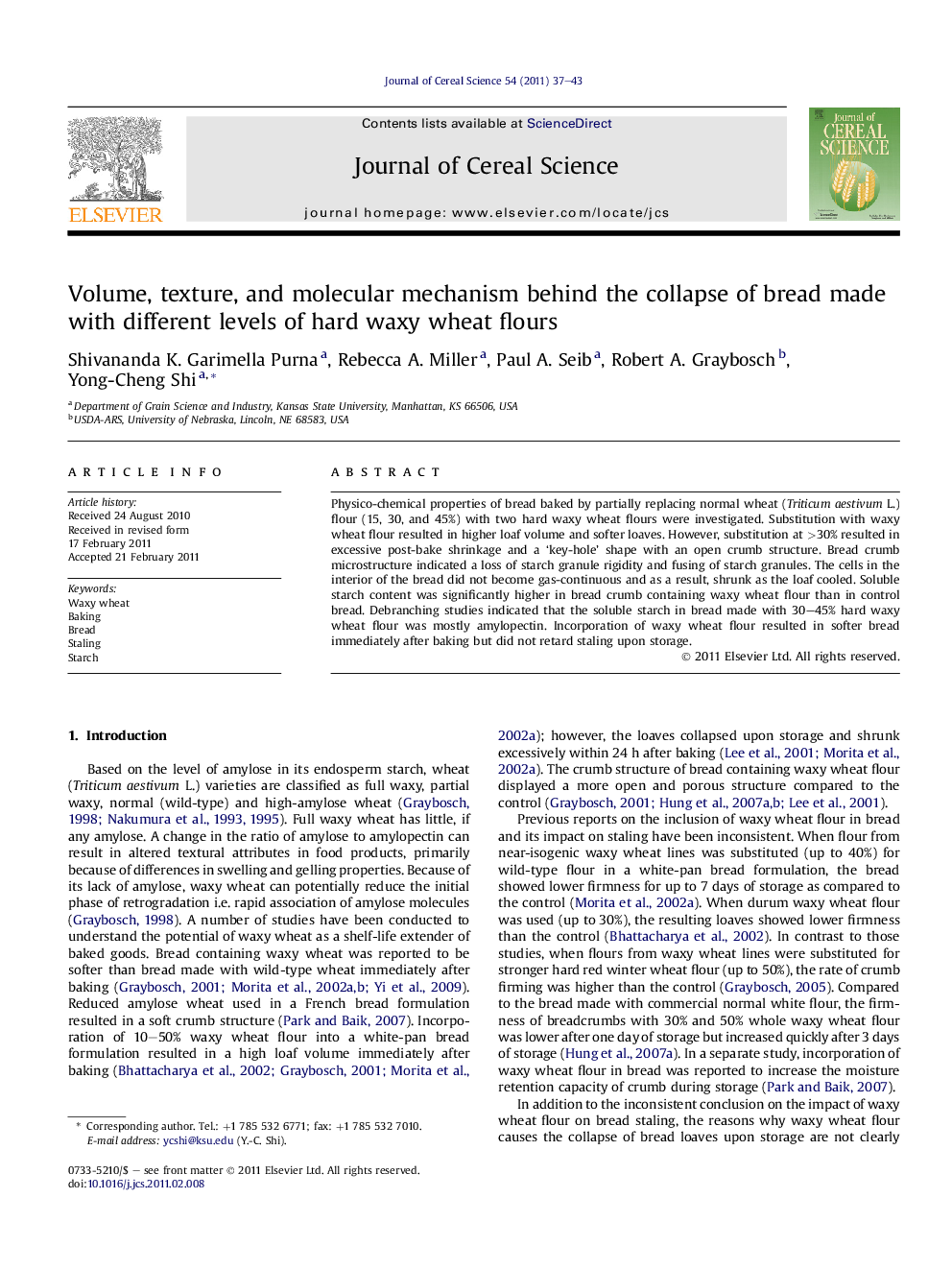 Volume, texture, and molecular mechanism behind the collapse of bread made with different levels of hard waxy wheat flours