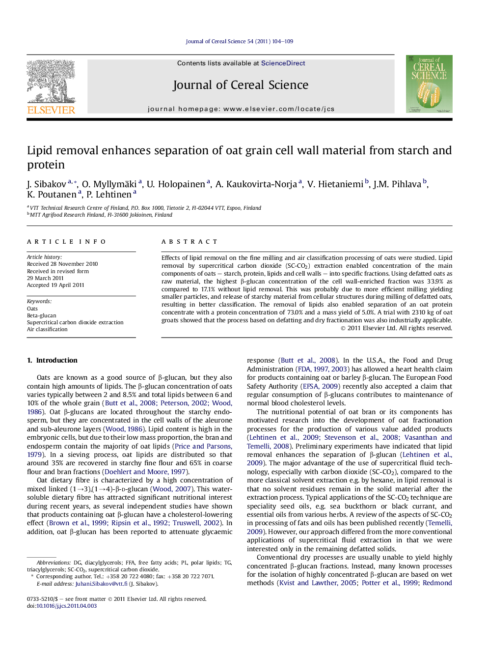 Lipid removal enhances separation of oat grain cell wall material from starch and protein