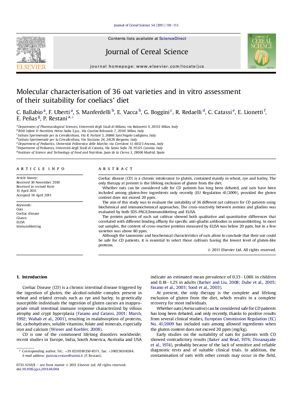 Molecular characterisation of 36 oat varieties and in vitro assessment of their suitability for coeliacs’ diet