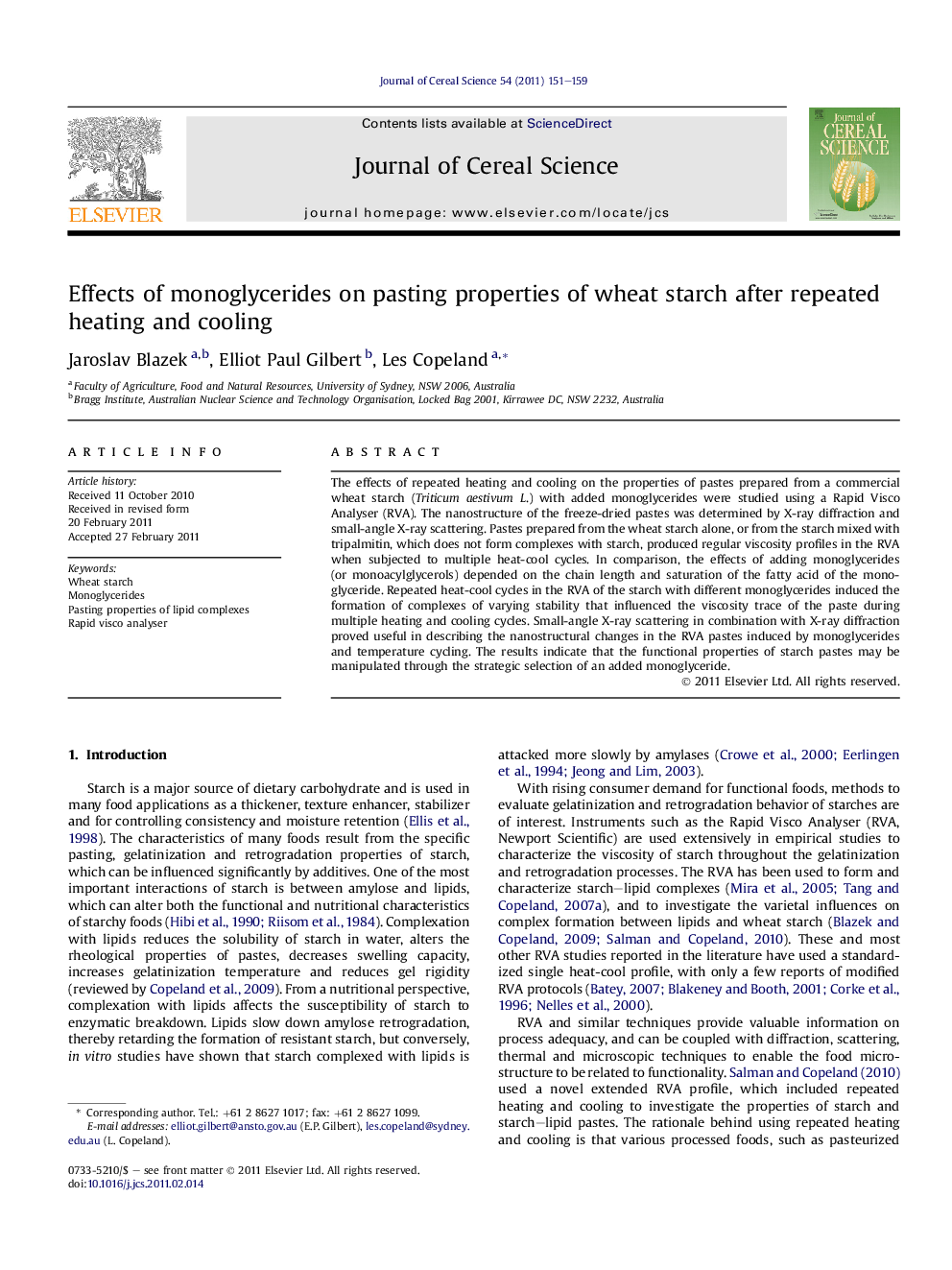 Effects of monoglycerides on pasting properties of wheat starch after repeated heating and cooling