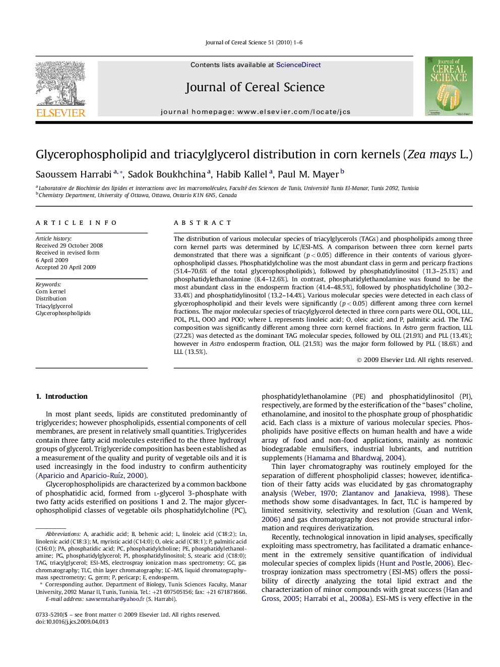 Glycerophospholipid and triacylglycerol distribution in corn kernels (Zea mays L.)